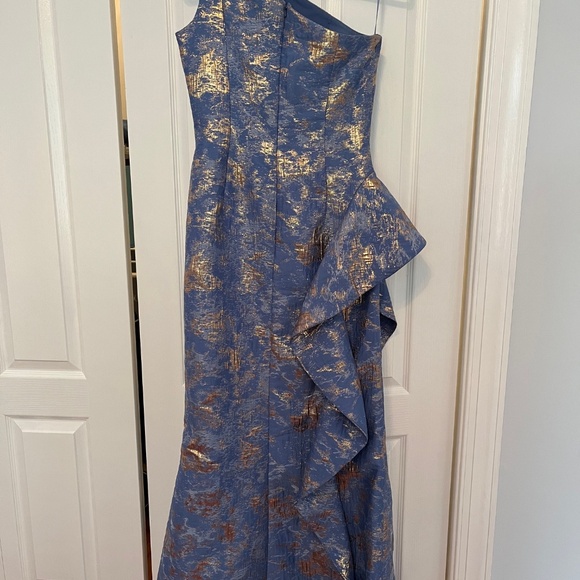 Teri Jon Blue and Silver Asymmetrical Ruched One Shoulder Gown - Picture 3 of 5